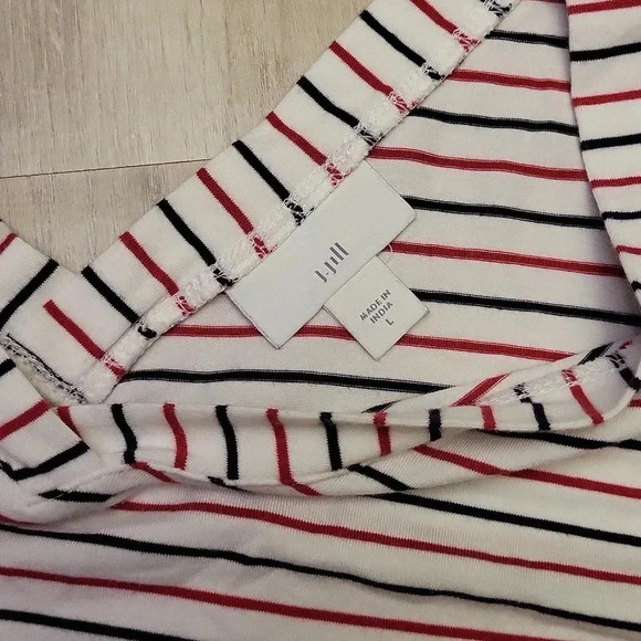 J Jill Striped 3 Quarter Bell Sleeve V Neck White Red Blue Blouse Womens Size L‎ - Picture 2 of 8